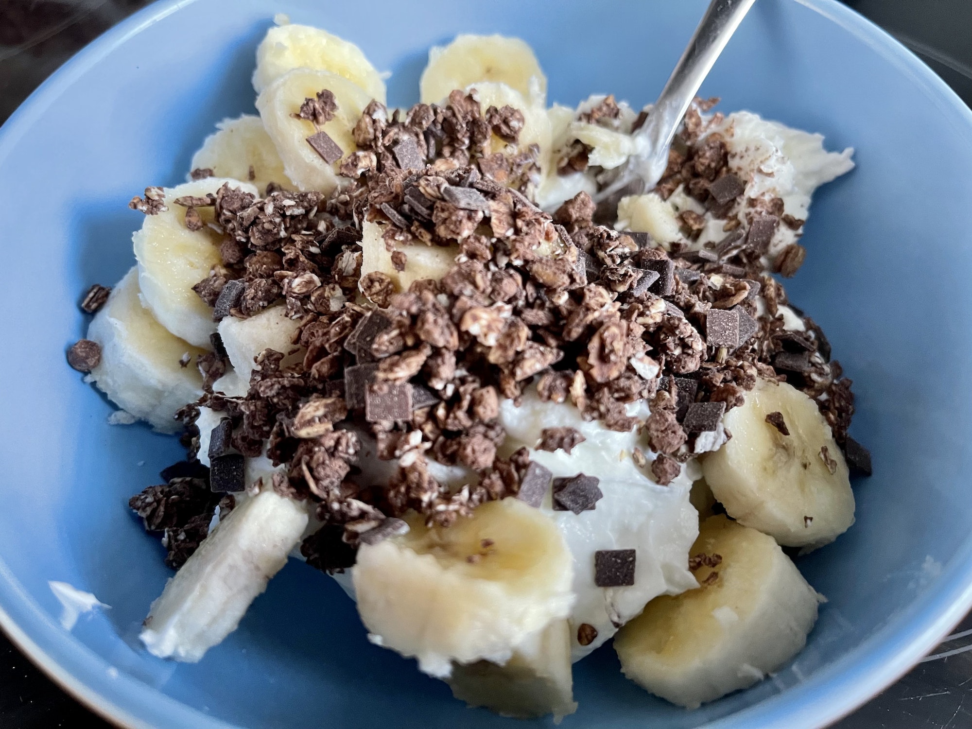 Lunchtime with yoghurt bananas and chocolate cereal